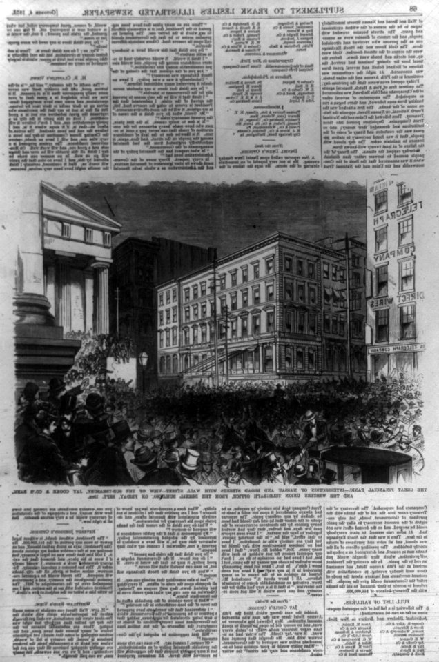 The great financial panic - intersection of Nassau and Broad Streets with Wall Street view of the Sub-Treasury, Jay Cooke & Co's Bank and the Western Union Telegraph Office from the Drexel LCCN2005694776