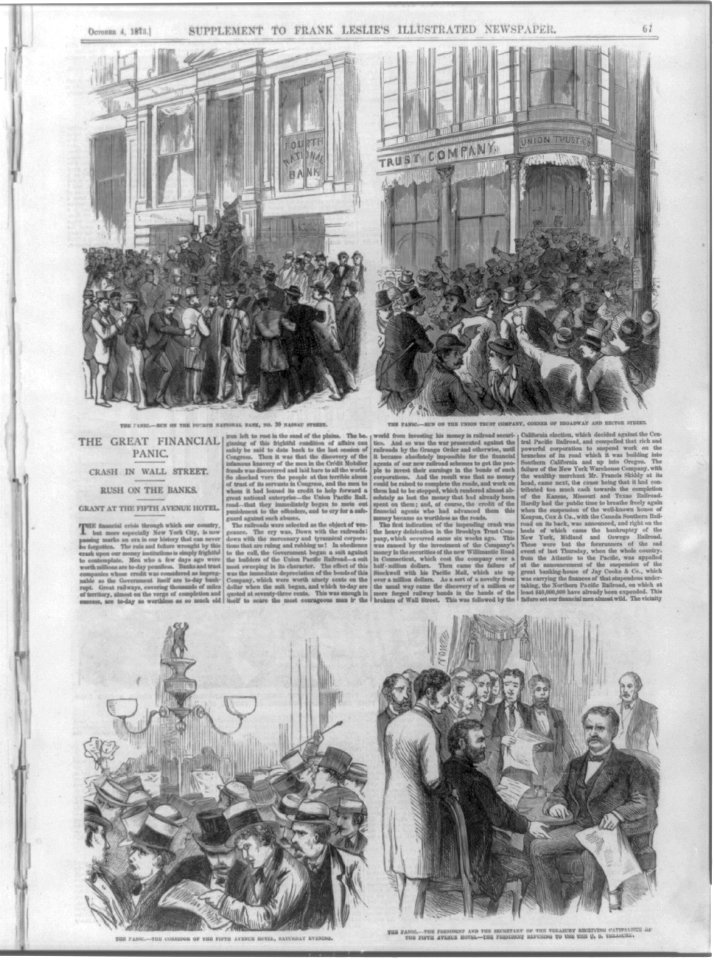 The Great Financial Panic of 1873 - (4 illus. and text) Run on the 4th National Bank, 20 Nassau St.; Run on the Union Trust Co., Broadway & Rector St.; Lobby of the 5th Avenue Hotel, Sat.; LCCN99614017