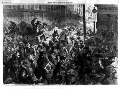 The great fire in Chicago - panic-stricken citizens rushing past the Sherman House, carrying the aged, sick and helpless, and endeavoring to save family treasures LCCN99614087