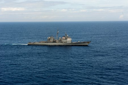 The guided missile cruiser USS Leyte Gulf (CG 55) transits the Atlantic Ocean March 19, 2014, in support of exercise Joint Warrior 14-1 140319-N-WX580-174