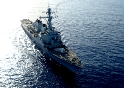 The guided missile destroyer USS Ramage (DDG 61) steams through the Mediterranean Sea April 9, 2014, in support of Noble Dina 2014 140409-N-CH661-389