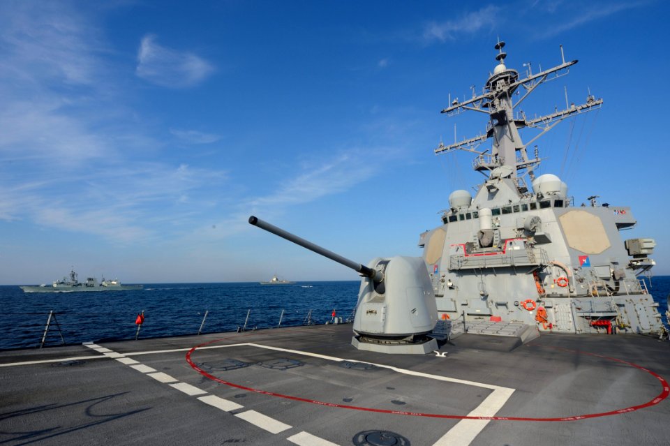 The guided missile destroyer USS Ross (DDG 71) transits in formation with other participating ships during exercise Sea Breeze 2014 in the Black Sea Sept 140908-N-IY142-026