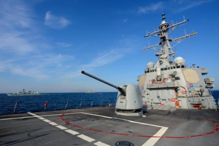 The guided missile destroyer USS Ross (DDG 71) transits in formation with other participating ships during exercise Sea Breeze 2014 in the Black Sea Sept 140908-N-IY142-026