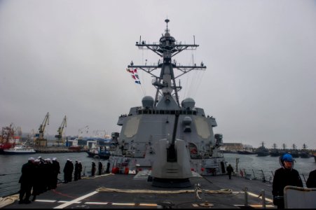 The guided missile destroyer USS Truxtun (DDG 103) prepares to pull into Constanța, Romania, March 8, 2014 140308-N-EI510-255