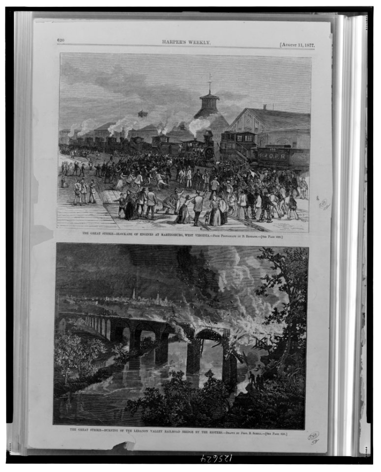The great strike-Blockade of engines at Martinsburg, West Virginia - from photograph by D. Bendann. The great strike-Burning of the Lebanon Valley Railroad bridge by the rioters - drawn by LCCN00649601