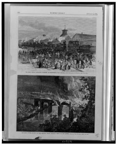 The great strike-Blockade of engines at Martinsburg, West Virginia - from photograph by D. Bendann. The great strike-Burning of the Lebanon Valley Railroad bridge by the rioters - drawn by LCCN00649601