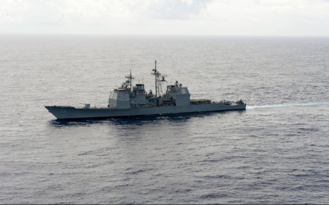 The guided missile cruiser USS Vella Gulf (CG 72) transits the Atlantic Ocean March 19, 2014, in support of exercise Joint Warrior 14-1 140319-N-WX580-198 photo