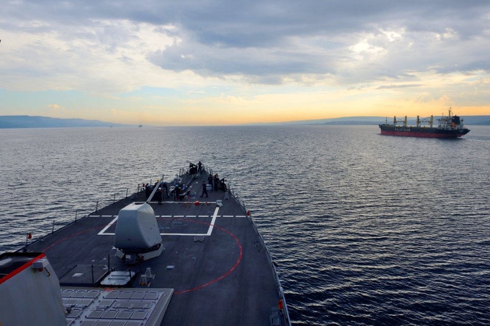 The guided missile destroyer USS Ross (DDG 71) transits the Dardanelles en route to the Black Sea Sept 140903-N-IY142-096