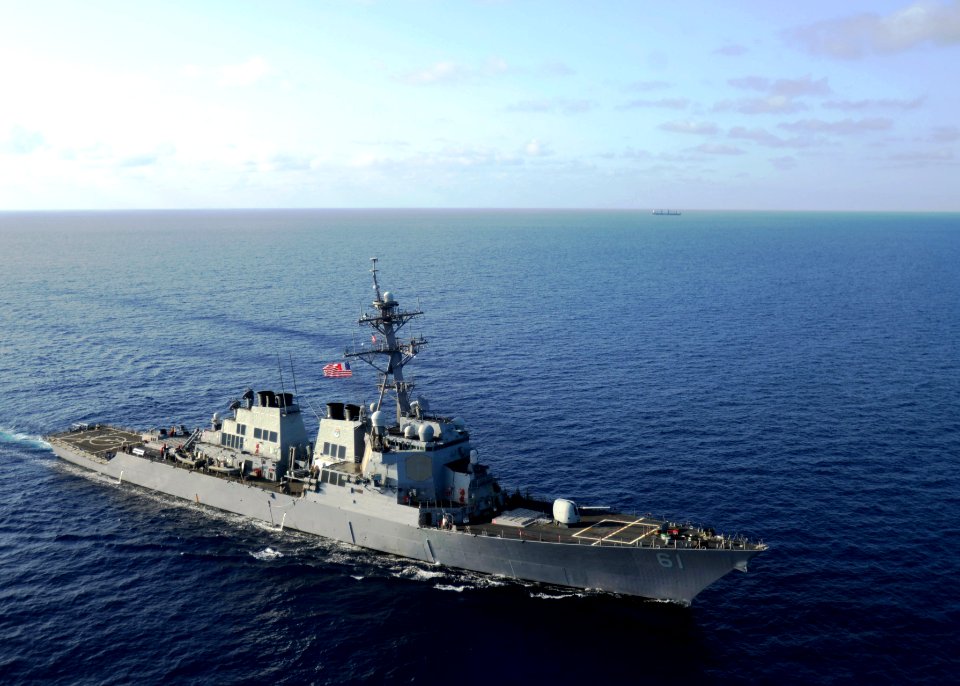 The guided missile destroyer USS Ramage (DDG 61) steams through the Mediterranean Sea April 9, 2014, in support of Noble Dina 2014 140409-N-CH661-262