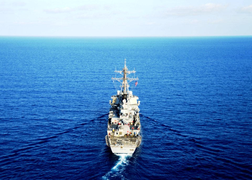 The guided missile destroyer USS Ramage (DDG 61) steams through the Mediterranean Sea April 9, 2014, in support of Noble Dina 2014 140409-N-CH661-279