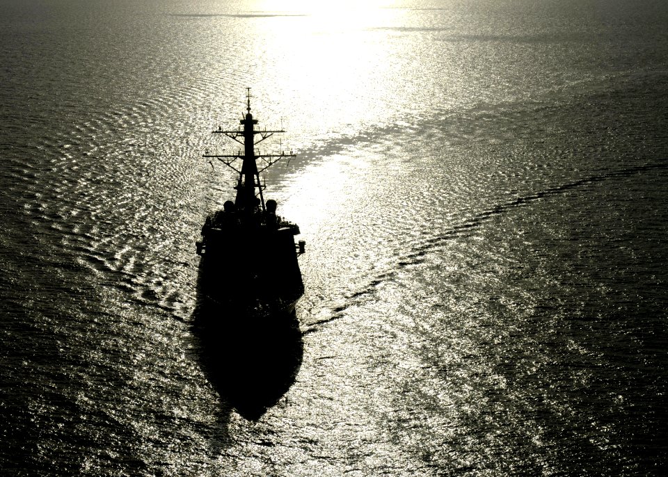 The guided missile destroyer USS Ramage (DDG 61) steams through the Mediterranean Sea April 9, 2014, in support of Noble Dina 2014 140409-N-CH661-351