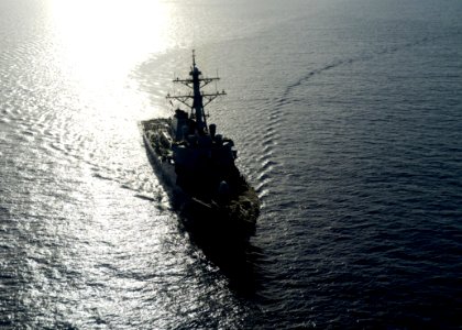 The guided missile destroyer USS Ramage (DDG 61) steams through the Mediterranean Sea April 9, 2014, in support of Noble Dina 2014 140409-N-CH661-376