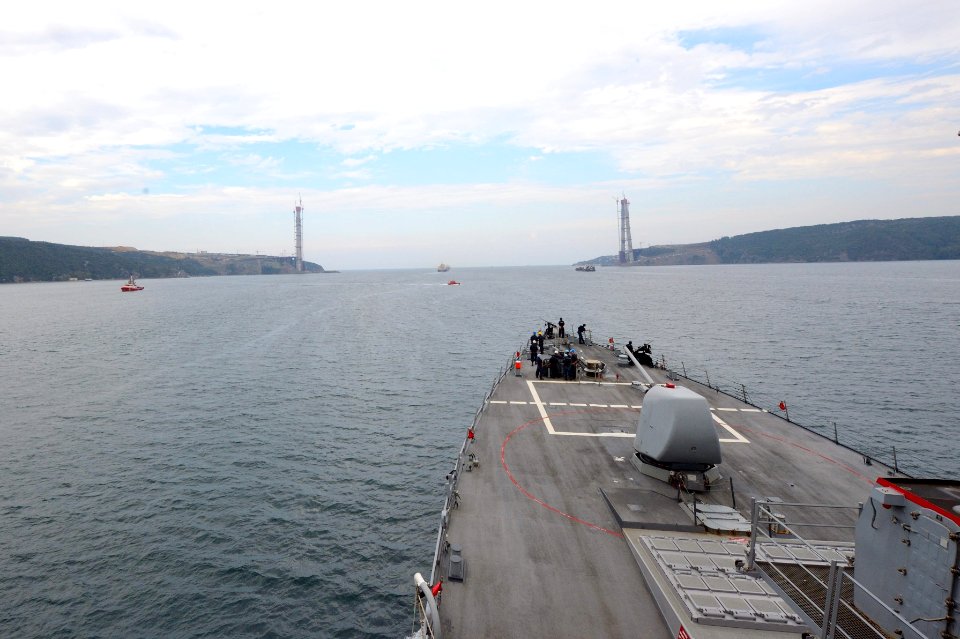 The guided missile destroyer USS Ross (DDG 71) approaches the end of the Bosporus en route to the Black Sea Sept 140903-N-IY142-291