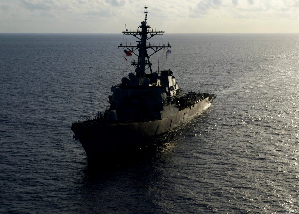 The guided missile destroyer USS Ramage (DDG 61) steams through the Mediterranean Sea April 9, 2014, in support of Noble Dina 2014 140409-N-CH661-431