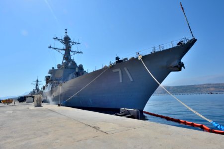 The guided missile destroyer USS Ross (DDG 71) is moored pierside during a scheduled port visit to Naval Support Activity Souda Bay, Greece, Aug. 26, 2014 140826-N-IY142-411