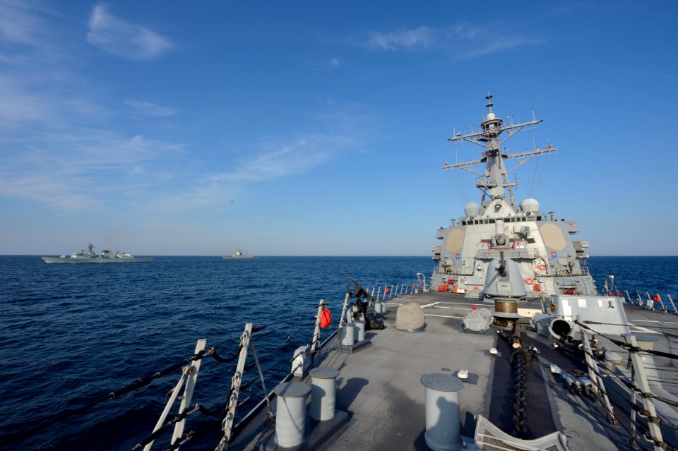 The guided missile destroyer USS Ross (DDG 71) transits in formation with other participating ships during exercise Sea Breeze 2014 in the Black Sea Sept 140908-N-IY142-019