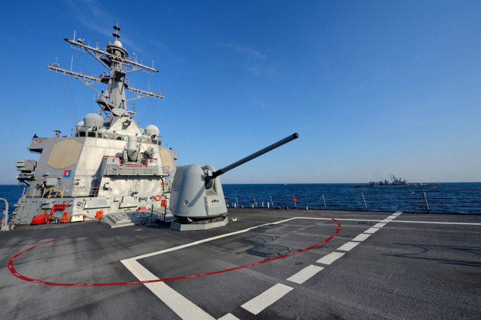 The guided missile destroyer USS Ross (DDG 71) transits in formation with other participating ships during exercise Sea Breeze 2014 in the Black Sea Sept 140908-N-IY142-032