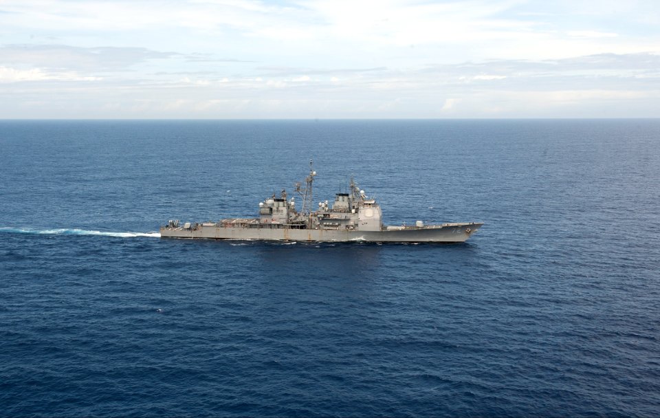 The guided missile cruiser USS Vella Gulf (CG 72) transits the Atlantic Ocean March 19, 2014, in support of exercise Joint Warrior 14-1 140319-N-WX580-165