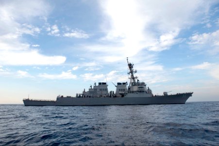 The guided missile destroyer USS Stout (DDG 55) transits the Mediterranean Sea Jan. 14, 2014 140114-N-UD469-190