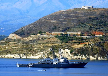 The guided missile destroyer USS Ross, DDG-71, arrives in Souda Bay for a brief port visit