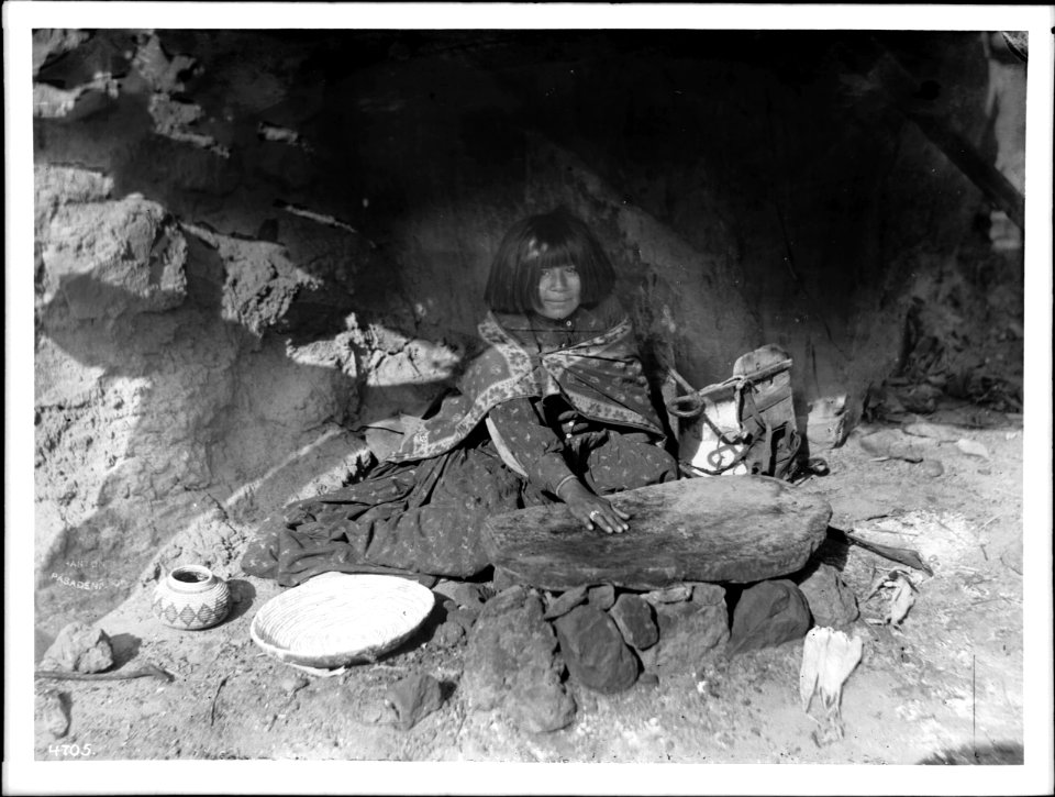 The Havasupai Indian Uta's daughter, Tis-wi-a-yar-i, making piki (bread), ca.1899 (CHS-4705)