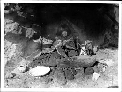 The Havasupai Indian Uta's daughter, Tis-wi-a-yar-i, making piki (bread), ca.1899 (CHS-4705)