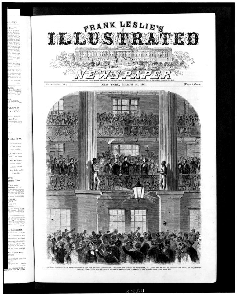The Hon. Jefferson Davis, president-elect of the new southern confederacy, addressing the citizens of Montgomery, Ala., from the balcony of the Exchange Hotel, on the night of February 16th, LCCN94504696
