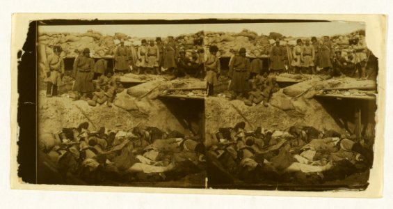 The horrors of modern war! A trench filled with Japanese dead - in a Russian fort, Port Arthur LCCN2005678317