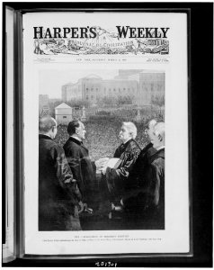 The Inauguration of President McKinley. Chief Justice Fuller administering the oath of office in front of the senate wing of the Capitol - drawn by T. de Thulstrup. LCCN92515994