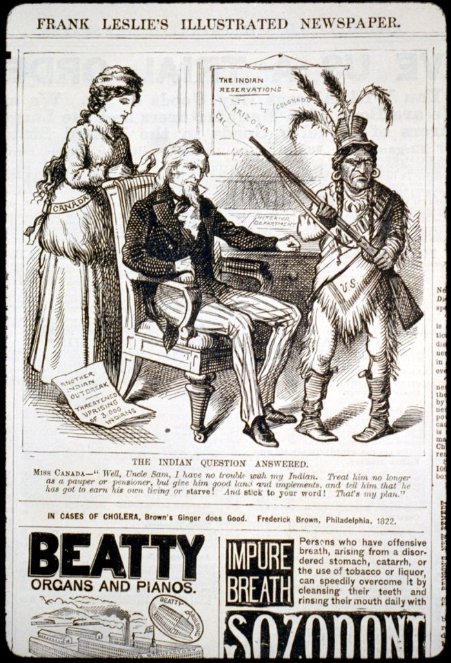 The Indian question answered (Indian labeled U.S. standing with rifle and woman labeled Canada saying to a troubled Uncle Sam, Well, Uncle Sam, I have no trouble with my Indian ...) LCCN2001696518