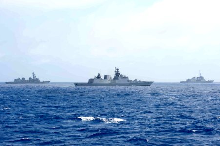 The Indian Navy Shivalik-class stealth multi-role frigate INS Sahyadri (F 49), foreground, and JMSDF ships JS Harusame (DD 102), left, and JS Ashigara (DDG 178) transit the Philippine Sea at the conclusion of Malabar 2016
