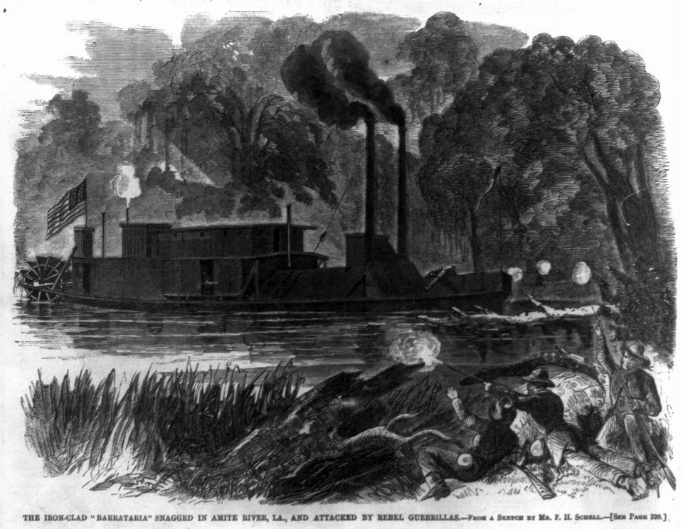 The iron-clad BARRATARIA snagged in Amite River, La., and attacked by Rebel guerrillas LCCN99614235