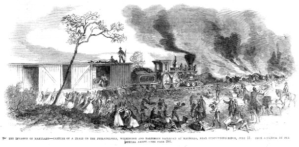 The invasion of Maryland-capture of a train on the Philadelphia, Wilmington and Baltimore Railroad at Magnolia, near Gunpowderb (sic) Ridge, July 11 - from a sketch by our special artist. LCCN95511301