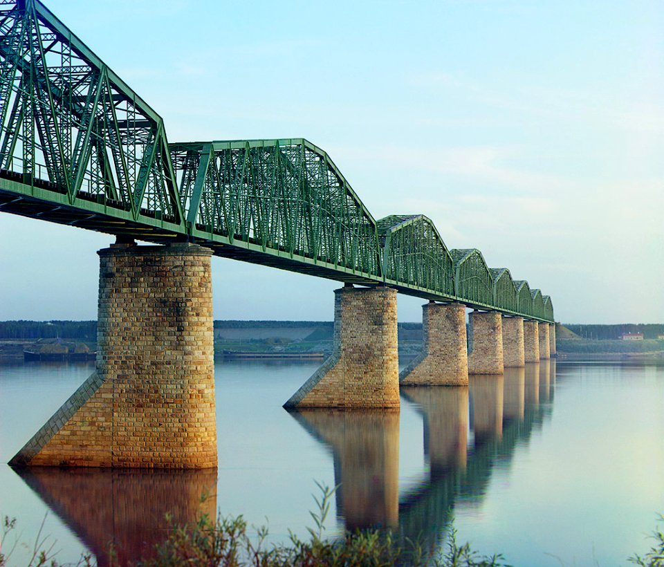 The iron bridge on stone pillars. Ural. Trans-Siberian Railroad
