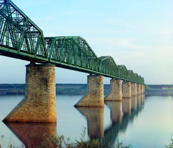 The iron bridge on stone pillars. Ural. Trans-Siberian Railroad