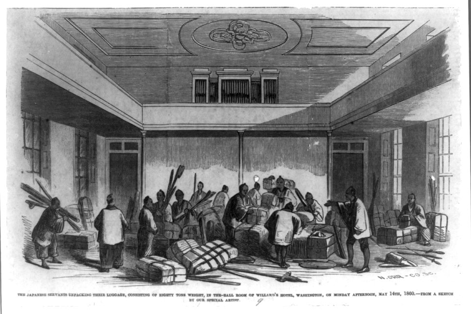 The Japanese servants unpacking their luggage, consisting of 80 tons weight, in the ballroom of Willard's Hotel, Washington D.C. on May 14, 1860 LCCN2016651816