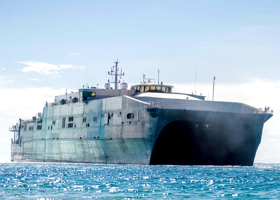 The joint high speed vessel USNS Spearhead (JHSV 1) departs from Puerto Castilla, Honduras, Sept 140902-N-XQ474-001 (cropped)