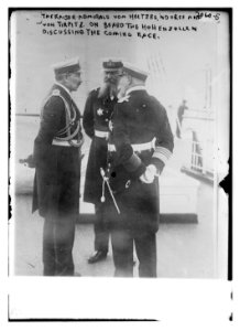 The Kaiser, Admirals von Holtzrendorff and von Tirpitz on board the Hohenzollen discussing the coming race. LCCN2014688376