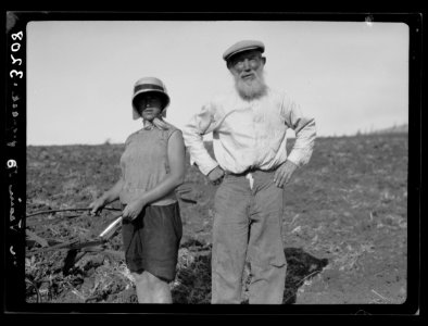 The Keren Hayesod. Agricultural Colonies on Plain of Esdraelon 'The Emek.' Zionist agricultural zeal. Grandfather helping grand-daughter to plow LOC matpc.15224