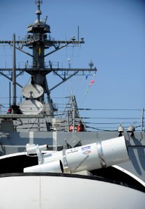 The Laser Weapon System (LaWS) is temporarily installed aboard USS Dewey. (8634864797)