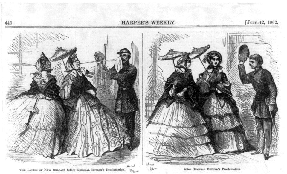 The ladies of New Orleans before Gen. Butler's Proclamation (2 ugly women spitting in face of Union officer); After ... Proclamation (Officer tipping hat to 2 attractive women. Cartoon LCCN2006691867