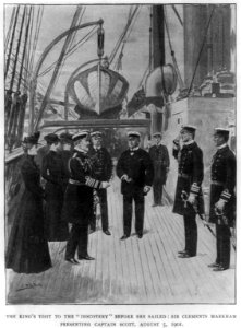 The King's (Edward VII) visit to the DISCOVERY before she sailed; Sir Clements Markham presenting Capt. Scott, Aug. 5, 1901 LCCN2002705928