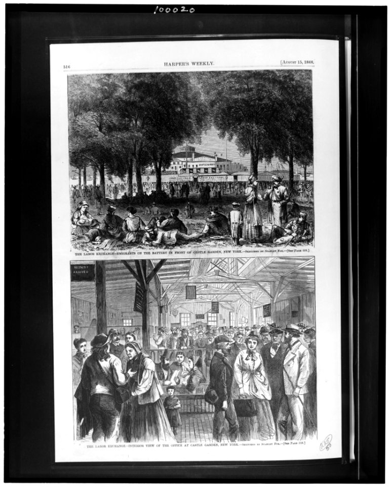 The labor exchange-emigrants on the Battery in front of Castle Garden, New York The labor exchange-interior view of the office at Castle Garden, New York - - sketched by Stanley Fox. LCCN90709503