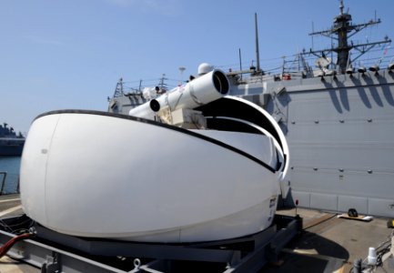 The Laser Weapon System (LaWS) is temporarily installed aboard USS Dewey. (8634865121)