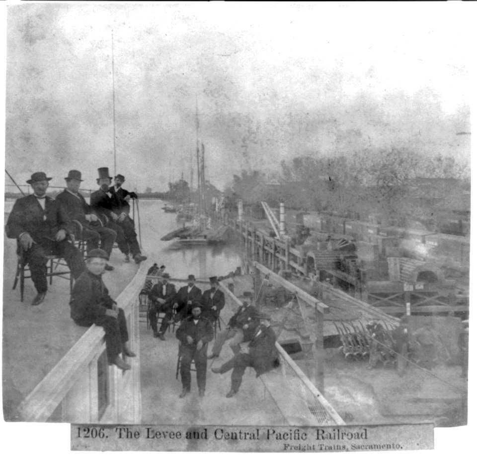 The Levee and Central Pacific Railroad, Freight Trains, Sacramento - People resting LCCN2002723145