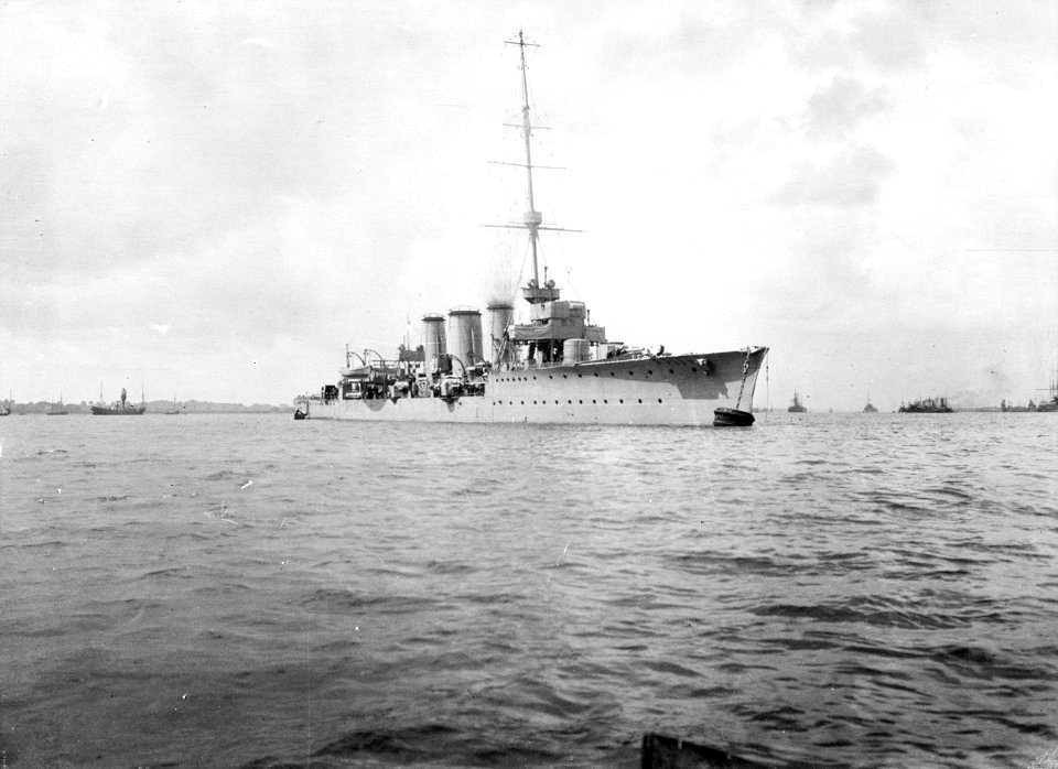 The light cruiser HMS Aurora (1913) at moorings, Harwich RMG N22497