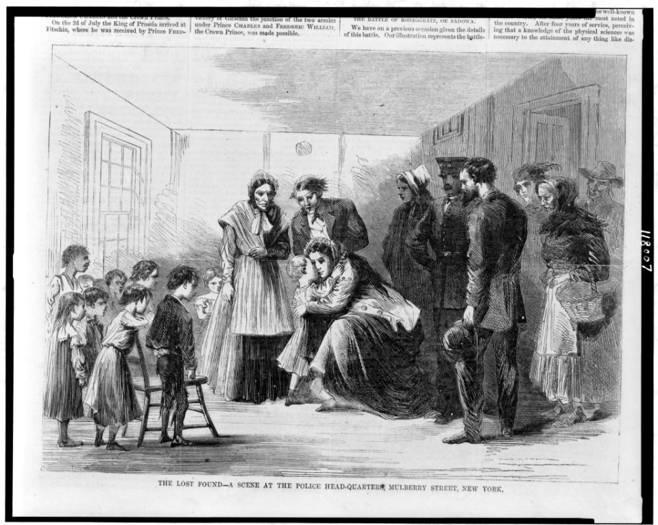 The lost found - a scene at the police head-quarters, Mulberry Street, New York LCCN97512492