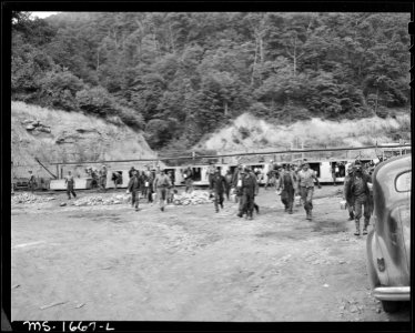 The man trip unloads at end of morning shift. Koppers Coal Divsion, Kopperston Mine, Kopperston, Wyoming County, West... - NARA - 540900