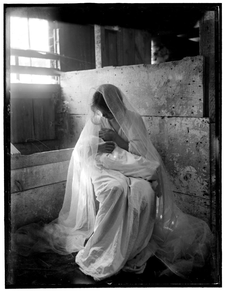 The Manger, an experimental negative to show values of white against white, featuring a young woman holding a baby and made in Newport, R.I. LCCN2006684224