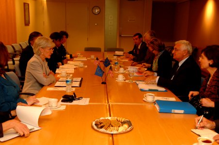 The meeting between Secretary Sebelius, EU commissioner Olli Rehn and others begins
